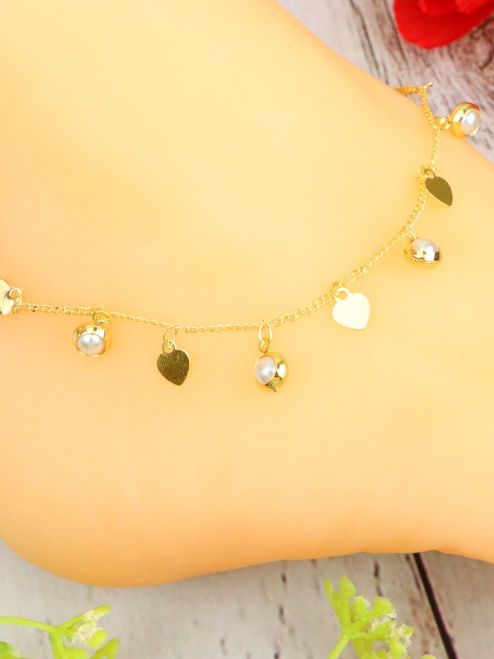 Gold Tone Dainty Heart Pearl Anklet Quality Dangle Charm Foot Jewelry, WALRCN119